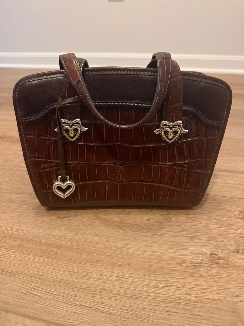 Vintage Brighton Brown Croc-Embossed Leather Satchel Handbag with Heart Charms